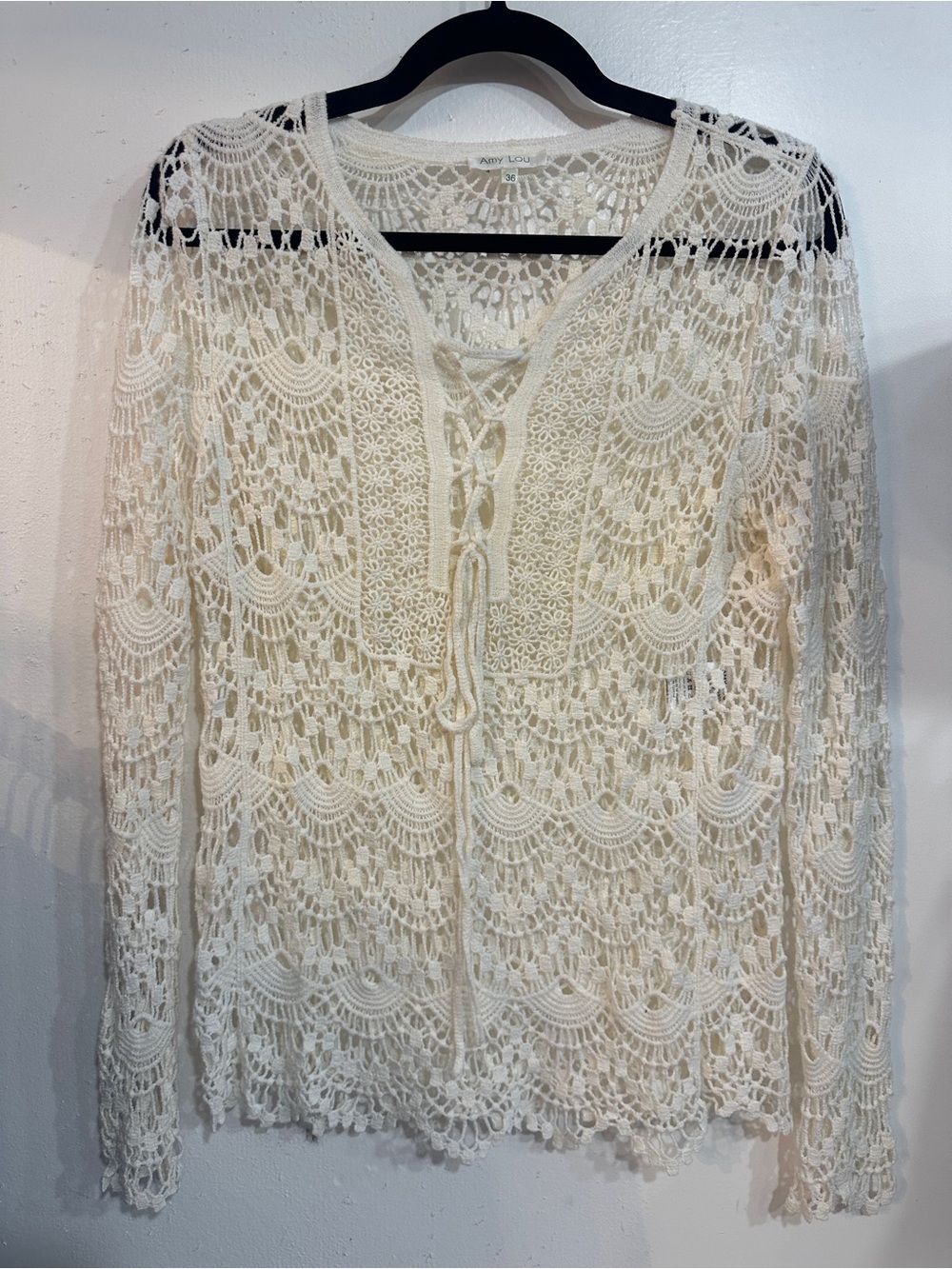 Lace Crochet Tie-Front Tunic Top - Ivory